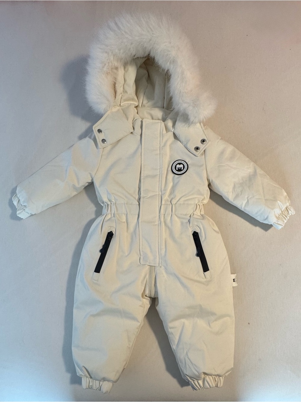 MURMURBEAR off-white/cream hooded Winter Snowsuit with Faux-Fur Trim